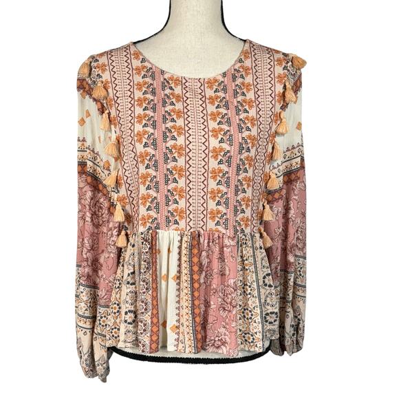 American Eagle Outfitters Tops - American Eagle Medium Boho Top Embroidered Tassel Long Sleeve Keyhole Pink Multi